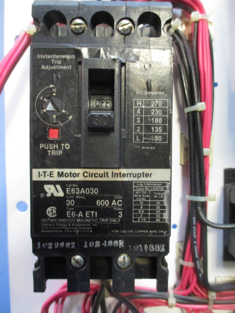 Siemens Model 95 Size 3 Voltage Starter 75 HP 100A Breaker 30